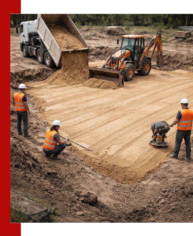 Устройство песчаной подушки для фундаментов и дорог в Великом Новгороде